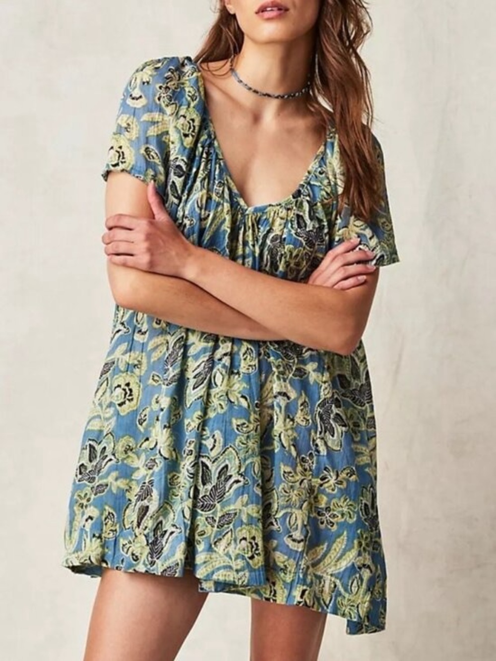 Free People Blue Floral Babydoll Tunic with Green Accents